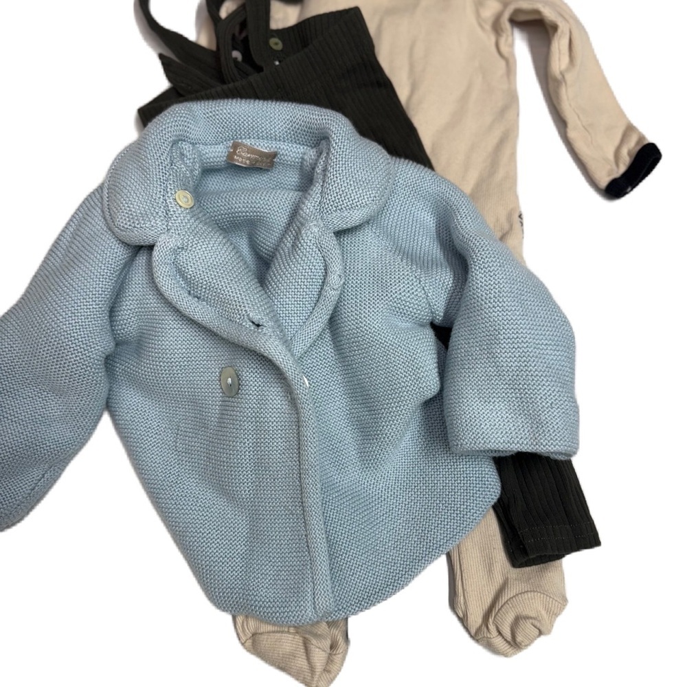 Baby boy 12m Charming Blue Baby Coat with Beige onesie and Black Overalls bundle